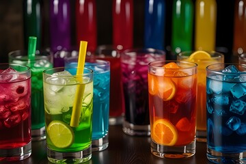 Three different colored drinks served in elegant glasses with straws and garnishes perfect for a summer party.generative.ai