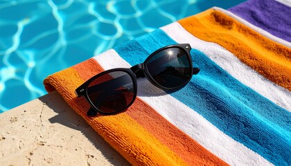 Sunglasses resting on a colorful beach towel, lying near the edge of a swimming pool, sunny reflections, top-down flat lay, minimal background, bright summer colors