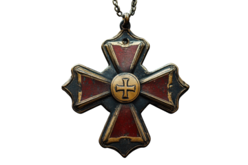 Antique Cross Pendant Religious Symbol Ancient Ornament with Golden Details and Red Enamel on transparent background
