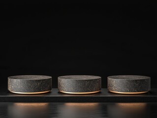 Three dark, cylindrical stone platforms with gold trim, illuminated from below, sit on a black base against a black background