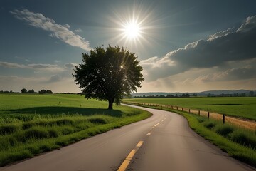 A road with two trees on either side of it. The sun is setting and the sky is orange.generative.ai
