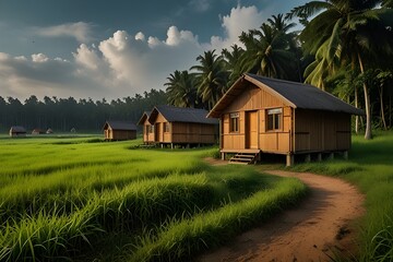 Beautiful green huts in the green field with lush green tall trees and white clouds.generative.ai
