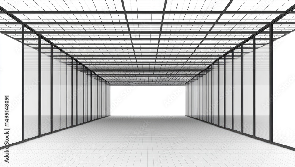 Poster a minimalist rendering of a glass-walled corridor with a gridded ceiling, receding to a bright, whit