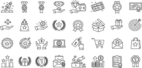 Benefit icon set. Reward related icons: bonus, loyalty, star, employee benefit, winner, award, prize, incentive and more. Editable line icons. Vector illustration. 
