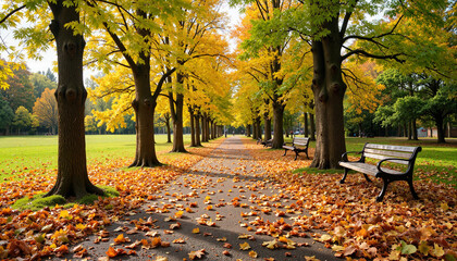 Obraz premium Autumn park pathway lined with trees and benches covered in leaves 