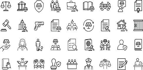Court Editable Icons set. Vector illustration in modern thin line style of law related icons: Lawyer, judge, justice, and more.