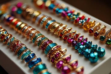Variety of handmade earrings adorned with colorful beads and stones in a jewelry workshop at Shonajhuri Haat, Bolpur, West Bengal.generative.ai
