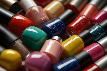 ibrant nail polish bottles in a diagonal line on white background, dripping colors red, blue, yellow, pink, purple, orange..generative.ai
