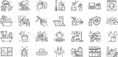 Fototapeta premium House Cleaning Line Editable Icons set. Vector illustration in modern thin line style of cleaning service related icons: detergents, cleaning equipment, household appliances, and more.