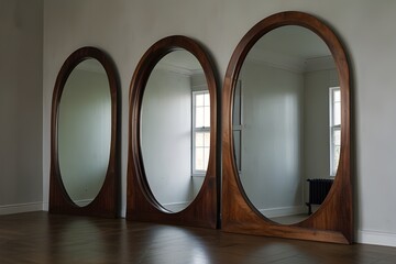 Vintage gold dressing table with mirror and three reflections on a dark white wall .generative.ai