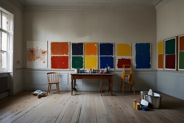A colorful painting with a window in the background. The painting is a large, colorful grid of squares, with each square having a different color.generative.ai