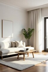 Serene minimalist living room featuring a neutral palette, clean lines, and natural light  Simple furniture and decor create a calm and spacious atmosphere ,  peaceful,  bright,  neutral