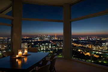 Fireworks over city skyline viewed from penthouse apartment with food and drinks.generative.ai