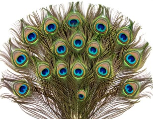 Obraz premium Detailed macro shot of bird feathers arranged in a fan shape. Each feather displays intricate patterns of blue green and brown colors against a white background