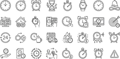 Time icon set. Containing timer, alarm, clock, schedule, hourglass, wristwatch, stopwatch, date, calendar, time management and more. Editable line icons. Vector illustration.