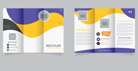 Back to School Trifold Brochure Template. Modern Education Flyer Design for Institutions. Professional trifold brochure template with a clean and modern layout, featuring dynamic wave shapes.