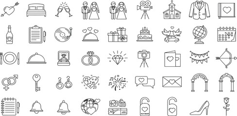 Wedding icon set. Celebration related icons: marriage, party, love, rings, wedding car, Church, ceremony, photo, dinner, bouquet, tuxedo, dress and more. Editable line icons.