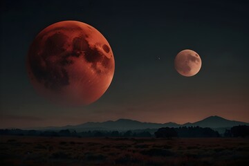 Two moons illuminate mountains and forests during the night sky.generative.ai