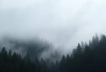 Misty morning fog embraces the serene mountain forest landscape, where trees touch the clouds under a sunrise sky, Generative AI