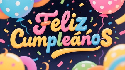 Feliz cumpleaños script in playful neon style with confetti and floating balloons, suitable for vibrant birthday cards and festive party backdrops with joyful tones and dynamic design elements.