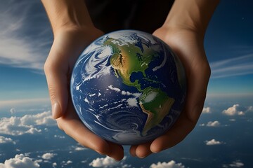 A pair of human hands gently hold the planet Earth against a calm sky with soft clouds. The Earth is depicted in detail, with visible continents and atmospheric layers.generative.ai