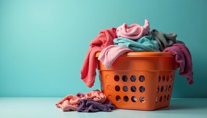 Overfull laundry basket overflowing with clothes , woven basket, socks