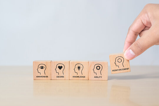 ADKAR model. Awareness, Desire, Knowledge, Ability, Reinforcement. Business Strategy. Change management concept. Methodology for success of change. Businessman puts wooden cube with icon change model
