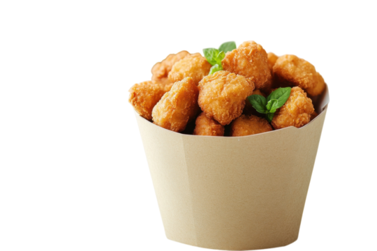 Crispy Fried Chicken Nuggets in a Takeout Box with Fresh Mint Garnishes Fast Food Concept on transparent background