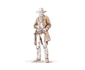 Obraz premium Western cowboy with revolver stands confidently in desert, cut out transparent