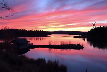 Beautiful golden sunset over calm lake or river water with sky and clouds reflection, Generative AI