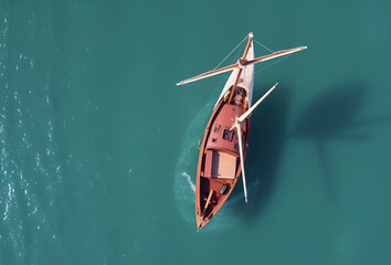Wooden fishing boats isolated on blue water, Generative AI