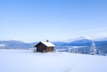 Snowy mountain hut in a winter landscape, Generative AI