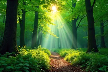 Fototapeta premium Serene forest scene with dappled sunlight filtering through lush green canopy, creating a magical atmosphere Perfect for nature, travel, or environmental themes , picture, beauty, image