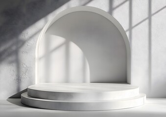 Minimalist white platform with arched backdrop and window shadow