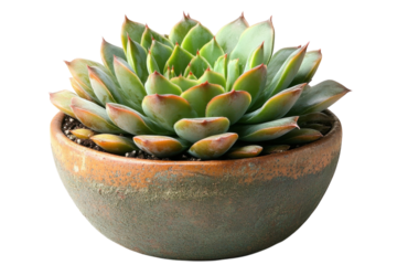 Echeveria Succulent Plant Arrangement Displayed in a Vintage Ceramic Pot on Black Background on transparent background
