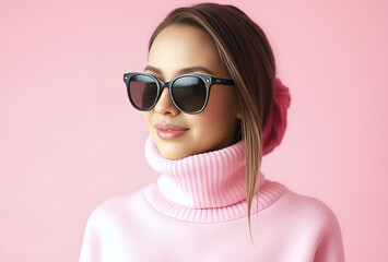 Fashionable young woman smiling in stylish sunglasses on pink background, Generative AI