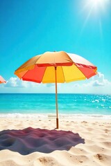 Vibrant beach umbrella providing shade on a sunny day, casting a cool shadow on the warm sand  Perfect for summer vacation imagery ,  textile,  water,  wave