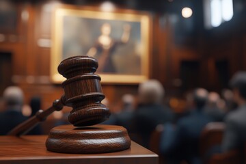 Obraz premium a wooden gavel being used in a courtroom, with people sitting around it