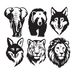 Wild Animals Silhouette Set – Tiger, Lion, Wolf, Bear, Fox, Elephant, Leopard in Black and White Style