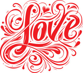 Elegant calligraphy art featuring the word 'Love' in red, surrounded by intricate flourishes, representing passion, romance, and artistic expression. Ideal for Valentine's Day