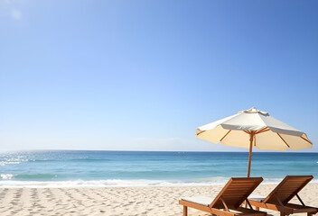 Tropical beach chairs with umbrella on white sand by the blue ocean under summer sky for a relaxing vacation, Generative AI