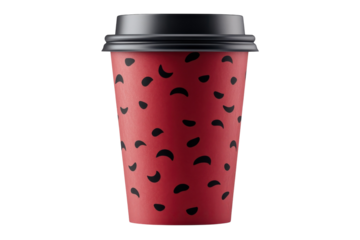 Red Disposable Coffee Cup with Black Lid and Abstract Seed Pattern Isolated on Black Backdrop on transparent background