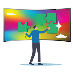 Solve puzzle problem, think of solution, finish or accomplishment, creativity idea or challenge, connect jigsaw piece to resolve work or business trouble, complete jigsaw puzzle.