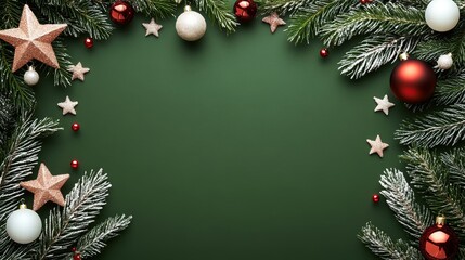 Christmas Green Background, Fir Tree Branches, Red And White Xmas Toys Frame, Copy Space