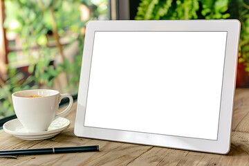 Tablet with blank screen, coffee cup, and pen on a wooden table