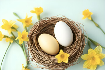 Fresh organic brown and yellow Easter eggs nestle in a basket, a healthy spring breakfast from the farm, Generative AI