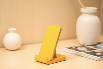 A wooden phone mockup along stand in yello color, Generative AI