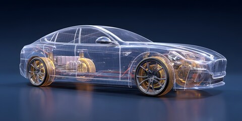 A futuristic transparent wireframe model showcasing the innovative design and advanced technology of a sleek energy efficient electric car concept
