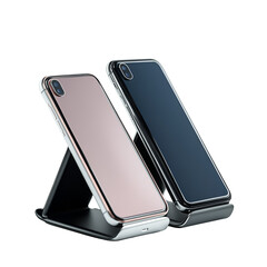 Two smartphones on a sleek stand rose gold and black devices
