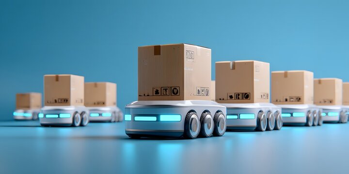 An automated retail warehouse environment with autonomous guided vehicles AGVs moving and transporting various packages and boxes on a systematic distribution network